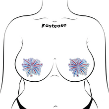 Load image into Gallery viewer, The Fireworks Pasties Star Explosion Glitter Nipple Covers by Pastease®. Two firework star explosion in blue, red and silver nipple covers shown on a femme body outline for size reference on a white background. Perfect for new years eve, a festival, burlesque performance, pride or parties.