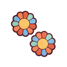 Load image into Gallery viewer, The Rainbow Flower Pasties Hippy Rainbow Daisy Breast Covers by Pastease®. Two rainbow coloured flower shaped nipple covers on a white background. Perfect for a festival, burlesque performance, pride or parties.