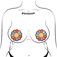 Load image into Gallery viewer, The Rainbow Flower Pasties Hippy Rainbow Daisy Breast Covers by Pastease®. Two rainbow coloured flower shaped nipple covers shown on a femme body outline for size reference on a white background. Perfect for a festival, burlesque performance, pride or parties.