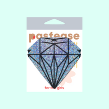 Load image into Gallery viewer, The Gem: Silver Glitter Diamond Nipple Pasties by Pastease®. Two silver holographic glitter diamond gem crystal nipple covers within the pastease pastel packaging on a mint blue background.