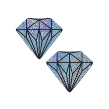 Load image into Gallery viewer, The Gem: Silver Glitter Diamond Nipple Pasties by Pastease®. Two silver holographic glitter diamond gem crystal nipple covers on a white background. Perfect for a festival, pride, burlesque performance, only fans content or a party.