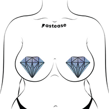 Load image into Gallery viewer, The Gem: Silver Glitter Diamond Nipple Pasties by Pastease®. Two silver holographic glitter diamond gem crystal nipple covers shown on a femme body outline for size reference on a white background.