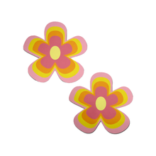 Load image into Gallery viewer, Pink Groovy Flower Pasties by Pastease. Two nipple covers with various shades of pink, yellow and orange outlining the yellow centre in a y2k style flower shape on a white background. Perfect for a festival, burlesque performance, pride or parties.