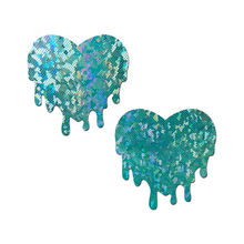Load image into Gallery viewer, Melty Heart: Melty Seafoam Heart Nipple Pasties by Pastease®. Two glittery seafoam coloured nipple covers in the shape of melting hearts, on white background. Perfect for a festival, burlesque performance, pride or parties.