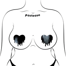 Load image into Gallery viewer, Melty Heart: Faux Latex Pleather Vinyl Black Melty Heart Nipple Pasties by Pastease®. Two shiny black drippy heart shaped nipple covers shown on a femme body outline for size reference on a white background.