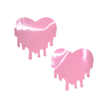 Load image into Gallery viewer, Melty Heart Faux Latex Pleather Vinyl Baby Pink Melty Heart Nipple Pasties by Pastease. Two shiny pastel pink drippy heart shaped nipple covers shown on a white background. Perfect for festivals, pride, burlesque, raves, only fans content or parties.