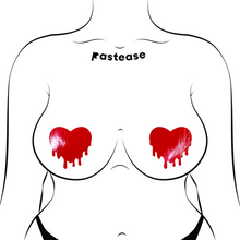 Load image into Gallery viewer, Melty Heart: Faux Latex Pleather Vinyl Red Melty Heart Nipple Pasties by Pastease®. Two shiny red drippy heart shaped nipple covers shown on a femme body outline for size reference on a white background.
