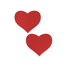 Load image into Gallery viewer, Love: Red Heart Nipple Pasties by Pastease®. Two matte red heart shaped nipple covers shown on a white background. Perfect for festivals, pride, burlesque, raves, only fans content or parties.