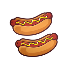 Load image into Gallery viewer, The Hotdog Pasties Weiner with Mustard Nipple Covers by Pastease®. Two hot dog sausages in long buns with mustard drizzled across in a zig zag pattern nipple covers shown on a white background. Perfect for a festival, burlesque performance, drag shows, pride or parties.