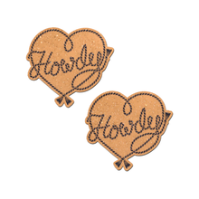Load image into Gallery viewer, Howdy' Cowboy Rope Heart Lasso Pasties Nipple Covers by Pastease®. Two gold glittery lasso heart shaped nipple covers with 'Howdy' written in lasso. Show on a white background