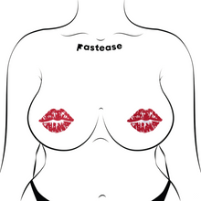 Load image into Gallery viewer, Kisses: Sparkly Red Kissing Puckered Lips Nipple Covers by Pastease. Two glitter red kissing lip shaped nipple covers shown on a femme body outline for size reference on a white background.