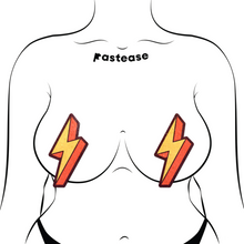 Load image into Gallery viewer, The Lightning Bolt Pasties Thunder Struck Breast Covers by Pastease®. Two glitter velvet orange and yellow zig zag lightning bolt nipple covers shown on a femme body outline for size reference on a white background. Perfect for a festival, burlesque performance, pride or parties.