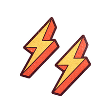 Load image into Gallery viewer, The Lightning Bolt Pasties Thunder Struck Breast Covers by Pastease®. Two glitter velvet orange and yellow zig zag lightning bolt nipple covers shown on a white background. Perfect for a festival, burlesque performance, pride or parties.