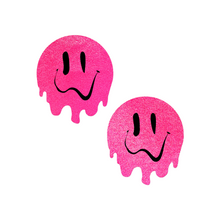 Load image into Gallery viewer, Melty Smiley Face: Neon Pink Melted Smiling Face Nipple Pasties by Pastease. Two hot pink melting drippy smiley faces nipple covers shown on a white background. Perfect for festivals, pride, burlesque, raves, only fans content or parties.