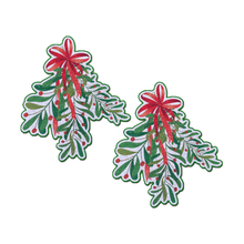 Load image into Gallery viewer, Christmas Winter Mistletoe with Red Bow Kissing Nipple Pasties by Pastease®. Two glittery mistletoe nipple covers, shown on white background. Perfect for a festival, burlesque performance, Christmas, pride or parties.