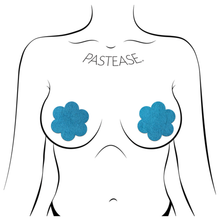 Load image into Gallery viewer, Everyday Reusable Onyx Flat Black Suede Flower with Mini Hearts Reusable Nipple Pasties by Pastease Everyday. Two black flower shaped nipple covers shown on a femme body outline for size reference on a white background.