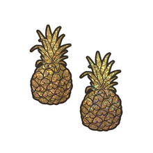 Load image into Gallery viewer, The Pineapple on Glitter Gold Nipple Covers by Pastease®. Two gold glittering shimmer pineapple nipple covers on a white background. Perfect for a festival, burlesque performance, drag shows, pride or parties.