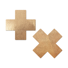 Load image into Gallery viewer, Plus X: Liquid Rose Gold Cross Nipple Pasties by Pastease®. Two cross shaped rose gold nipple covers, shown on white background. Perfect for festivals, pride, burlesque, raves, only fans content or parties.