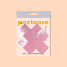 Load image into Gallery viewer, Plus X: Faux Latex Pleather Vinyl Baby Pink Cross Nipple Pasties by Pastease®. Two shiny pastel pink cross shaped nipple covers shown in the pastease packaging on a peach pink background.