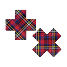 Load image into Gallery viewer, Plus X: Red Plaid Punk Cross Nipple Pasties by Pastease®. Two cross shaped red plaid nipple covers shown on white background. Perfect for festivals, pride, burlesque, raves, only fans content or parties.
