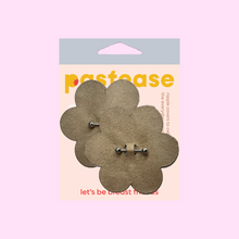 Load image into Gallery viewer, The Pierced Pasties: Nude Flower Breast Petal with Barbell Piercing Nipple Covers by Pastease®. Two nude warm beige flowers with silver barbell piercings through the middle nipple covers in the pastease pastel packaging on a pastel pink background. Perfect for a festival, burlesque performance, pride or parties.