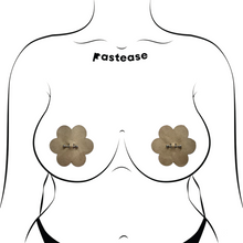 Load image into Gallery viewer, The Pierced Pasties: Nude Flower Breast Petal with Barbell Piercing Nipple Covers by Pastease®. Two nude warm beige flowers with silver barbell piercings through the middle nipple covers shown on a femme body outline for size reference on a white background. Perfect for a festival, burlesque performance, pride or parties.