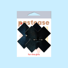 Load image into Gallery viewer, Pierced Pasties: Liquid Black Cross Plus X with Barbell Piercing Nipple Covers by Pastease®. Two shimmery black crosses nipple covers with silver straight barbell piercing jewellery in the centre shown in pastease packaging on a pastel blue background.