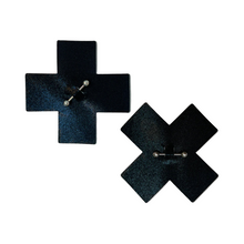 Load image into Gallery viewer, Pierced Pasties: Liquid Black Cross Plus X with Barbell Piercing Nipple Covers by Pastease®. Two shimmery black crosses nipple covers with silver straight barbell piercing jewellery in the centre shown on a white background. Perfect for festivals, pride, burlesque, raves, only fans content or parties.
