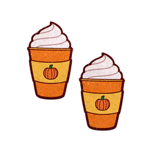 Load image into Gallery viewer, Pumpkin Spice Latte Breast Pasties Nipple Covers by Pastease®. Two glittery pumpkin spiced latte with whipped cream nipple covers on a white background. Perfect for festivals, pride, burlesque, raves, only fans content or parties.