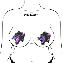 Load image into Gallery viewer, The Black Panther Pasties Roaring Couger Tattoo Diamond Thom™ Nipple Covers by Pastease shown on a femme body outline for size reference on a white background. Two angry roaring panther big cat nipple covers in a traditional old school tattoo style with purple, pink and yellow highlights. Perfect for a festival, burlesque performance, drag shows, pride or parties.