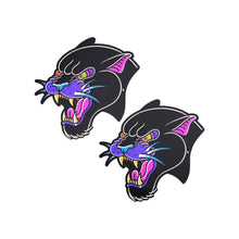 Load image into Gallery viewer, The Black Panther Pasties Roaring Couger Tattoo Diamond Thom™ Nipple Covers by Pastease on a white background. Two angry roaring panther big cat nipple covers in a traditional old school tattoo style with purple, pink and yellow highlights. Perfect for a festival, burlesque performance, drag shows, pride or parties.