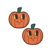 Load image into Gallery viewer, Pumpkin Breast Pasties Cutie Pie Face Jack O' Lantern Nipple Covers by Pastease®. Cartoon style glittery pumpkin nipple covers have cute cartoon smiling faces with big eyes on a white background. Perfect for festivals, pride, burlesque, raves, only fans content or parties.