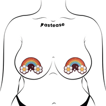 Load image into Gallery viewer, The Rainbow Flower Pasties Nipple Covers by Pastease®. Two glitter velvet retro warm rainbows with flower clouds and white sparkles nipple covers shown on a femme body outline for size reference on a white background. Perfect for a festival, burlesque performance, pride or parties.