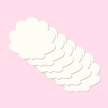 Load image into Gallery viewer, The Refills Seashell Mermaid: Three Pair Double Stick Shapes by Pastease®. Pack of refills Shell shaped nipple covers laid out on a pastel pink background. Perfect for a festival, pride, burlesque performance, only fans content or a party.