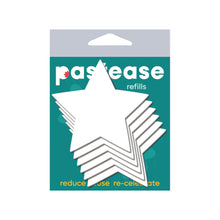 Load image into Gallery viewer, Refills Star: Reuse Pasties with Three Pair Double Stick Shapes by Pastease®. Six white double sided self adhesive stars for nipple covers in the pastease turquoise packaging on a white background. Perfect for a festival, pride, burlesque performance, only fans content or a party.