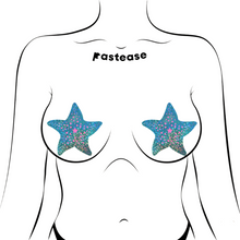 Load image into Gallery viewer, The Starfish: Twinkling Seafoam Green & Pink Print Sea Star Nipple Pasties by Pastease®. Two aqua blue with holographic glitter and pink dots starfish shaped nipple covers shown on a femme body outline for size reference on a white background. Perfect for a festival, burlesque performance, pride or parties.
