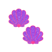 Load image into Gallery viewer, The Mermaid Shell Pasties in Neon Pink & Purple Glitter Seashell Nipple Covers by Pastease®. Two neon pink and purple glitter sea shells on a white background. Perfect for a festival, pride, burlesque performance, only fans content or a party.