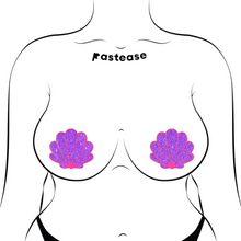 Load image into Gallery viewer, The Mermaid Shell Pasties in Neon Pink & Purple Glitter Seashell Nipple Covers by Pastease®. Two neon pink and purple glitter sea shells shown on a femme body outline for size reference on a white background. Perfect for a festival, pride, burlesque performance, only fans content or a party.