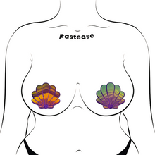 Load image into Gallery viewer, The Mermaid Shells Pasties in Opalescent Purple & Gold Seashell Nipple Covers by Pastease®. Two purple glitter with green to pink iridescent film sea shells shown on a femme body outline for size reference on a white background. Perfect for a festival, pride, burlesque performance, only fans content or a party.