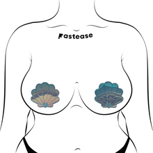 Load image into Gallery viewer, The Mermaid Shells Pasties in Opalescent Seafoam Blue Seashell Nipple Covers by Pastease®. Two blue green seafoam glitter with gold to pink iridescent film sea shells shown on a femme body outline for size reference on a white background. Perfect for a festival, pride, burlesque performance, only fans content or a party.