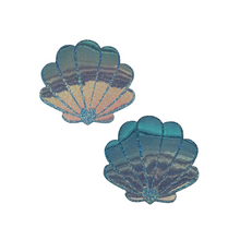 Load image into Gallery viewer, The Mermaid Shells Pasties in Opalescent Seafoam Blue Seashell Nipple Covers by Pastease®. Two blue green seafoam glitter with gold to pink iridescent film sea shells on a white background. Perfect for a festival, pride, burlesque performance, only fans content or a party.