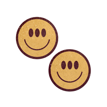 Load image into Gallery viewer, The Trippy Smiley Face Pasties Three Eyed Yellow Breast Covers by Pastease®. Two smiley faces with three eyes nipple covers shown on a white background. Perfect for a festival, burlesque performance, pride or parties.