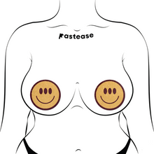 Load image into Gallery viewer, The Trippy Smiley Face Pasties Three Eyed Yellow Breast Covers by Pastease®. Two smiley faces with three eyes nipple covers shown on a femme body outline for size reference on a white background. Perfect for a festival, burlesque performance, pride or parties.