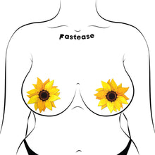 Load image into Gallery viewer, The Sunflower Pasties Nipple Covers by Pastease shown on femme body outline for size reference on a white background. Two yellow sunflower shape nipple covers with brown middles and golden warm yellow petals surrounding. Perfect for burlesque shows, drag, content, pride, festivals and summer celebrations.
