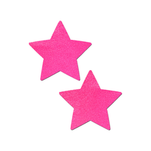 Load image into Gallery viewer, Star: Neon Pink Star Nipple Pasties by Pastease®. Two shiny neon pink star shaped nipple covers, shown on a white background. Perfect for festivals, pride, burlesque, raves, only fans content or parties.