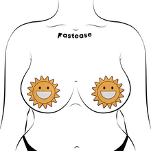 Load image into Gallery viewer, The Happy Sun Pasties Sparkling Smiling Sunshine Nipple Covers by Pastease®. Two smiling glitter velvet cartoon sunshine nipple covers shown on a femme body outline for size reference on a white background. Perfect for a festival, burlesque performance, pride or parties.
