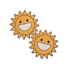 Load image into Gallery viewer, The Happy Sun Pasties Sparkling Smiling Sunshine Nipple Covers by Pastease®. Two smiling glitter velvet cartoon sunshine nipple covers shown on a white background. Perfect for a festival, burlesque performance, pride or parties.
