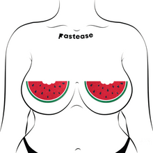 Load image into Gallery viewer, The Watermelon Slice with a Bite Breast Pasties by Pastease®. Two glittery velvet watermelon slices with some black heart shaped seeds with a bite mark out of it nipple covers shown on a femme body outline on a white background. Perfect for a festival, burlesque performance, drag shows, pride or parties.