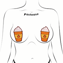 Load image into Gallery viewer, Pumpkin Spice Latte Breast Pasties Nipple Covers by Pastease®. Two glittery pumpkin spiced latte with whipped cream nipple covers shown on a femme body outline for size reference on a white background.