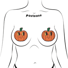 Load image into Gallery viewer, Pumpkin Breast Pasties Cutie Pie Face Jack O Lantern Nipple Covers by Pastease®. These glittery pumpkin nipple covers have cute cartoon smiling faces with big eyes shown on outline of femme body on a white background.
